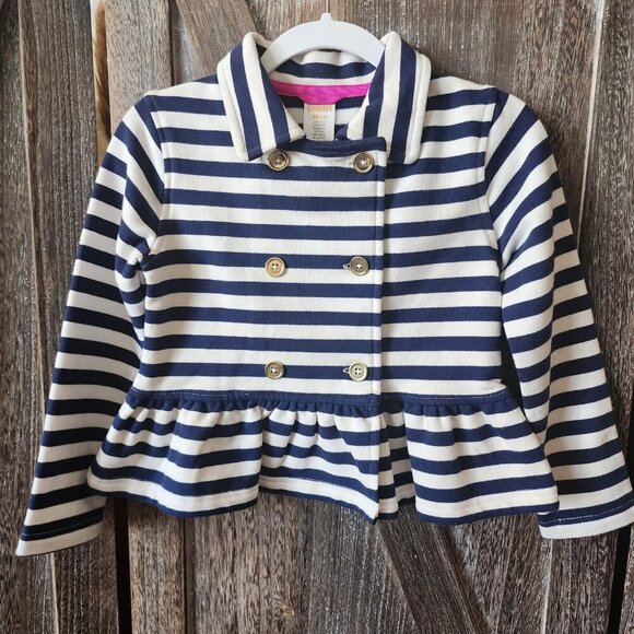 Gymboree Navy and White Knit Stretch Ruffle Peplum Jacket Gold Buttons Size XS 4 - Picture 1 of 11